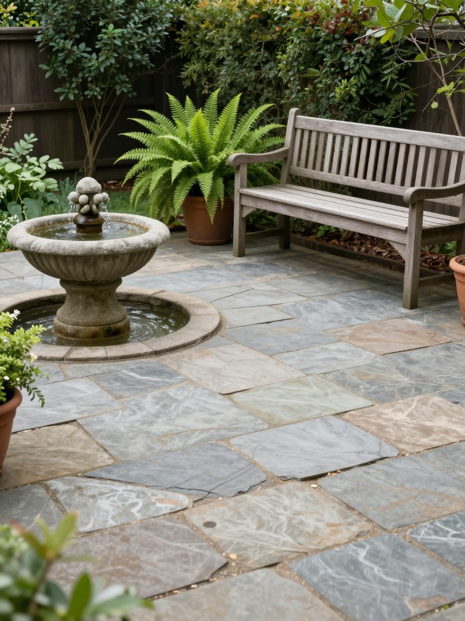 Image Prompt: A peaceful flagstone patio with a small stone fountain beside the seating area, natural irregular flagstone floor, wooden bench, potted ferns, soft garden border, calm backyard retreat, gentle filtered daylight, no people, realistic DSLR image, no text, no watermarks on images.