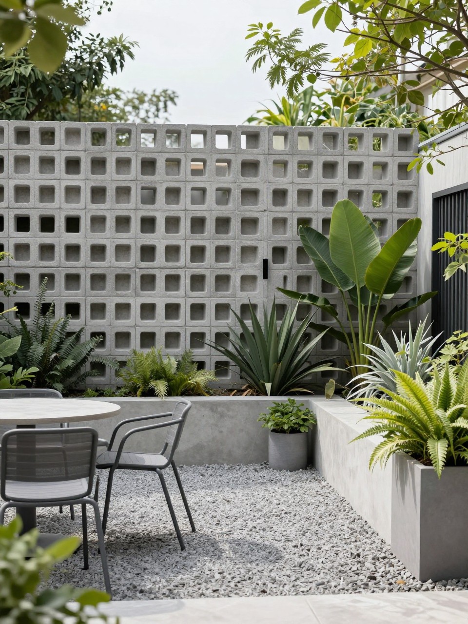 Image Prompt: A contemporary garden with a decorative concrete block screen wall, geometric openings, sleek patio chairs, architectural plants, gravel ground, large planters, clean premium outdoor design, realistic DSLR photo quality, no people, no watermarks on images.
