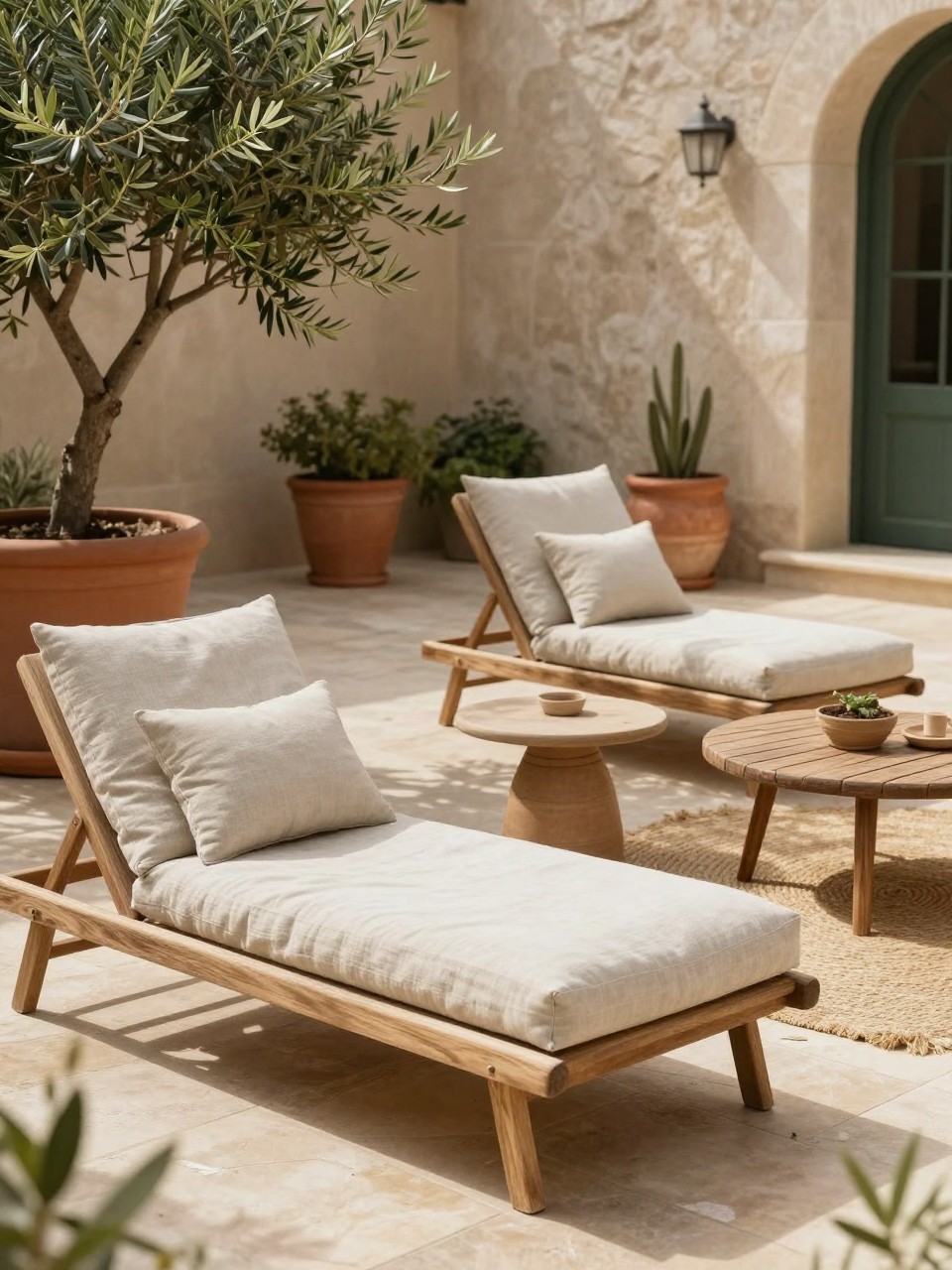Image Prompt: A beautiful European-style patio with soft neutral linen cushions, pale stone flooring, wooden lounge chairs, small round table, potted olive tree, clay pots, woven outdoor rug, warm filtered sunlight, calm elegant outdoor lounge, no people, realistic editorial home and garden photo, no text, no watermarks on images.
