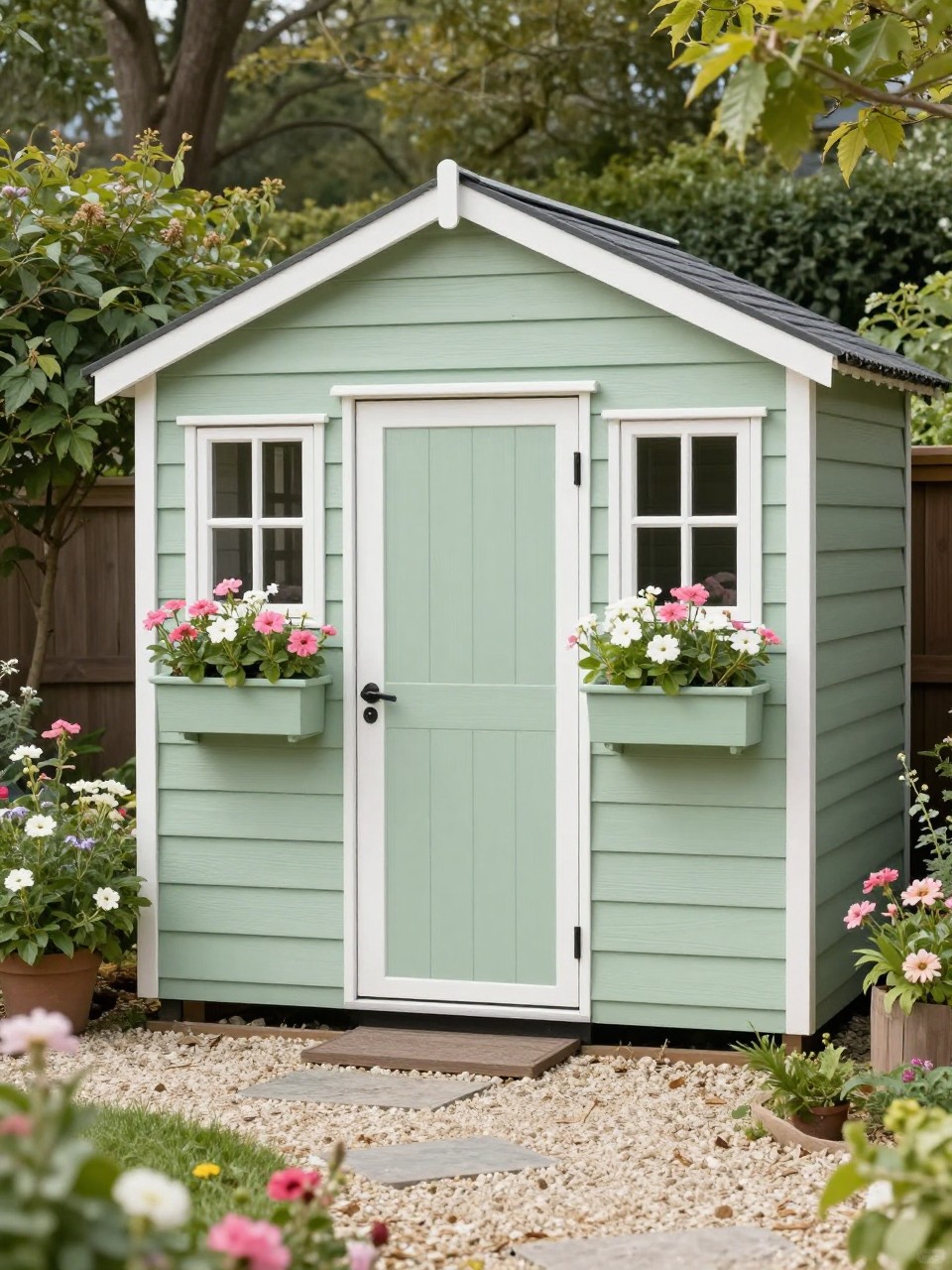 Image Prompt: A charming cottage-style backyard storage shed with soft sage green siding, white trim, small window flower boxes filled with pink and white blooms, gravel path leading to the door, lush flower borders, warm garden setting, realistic DSLR photo quality, no people, no watermarks on images.
