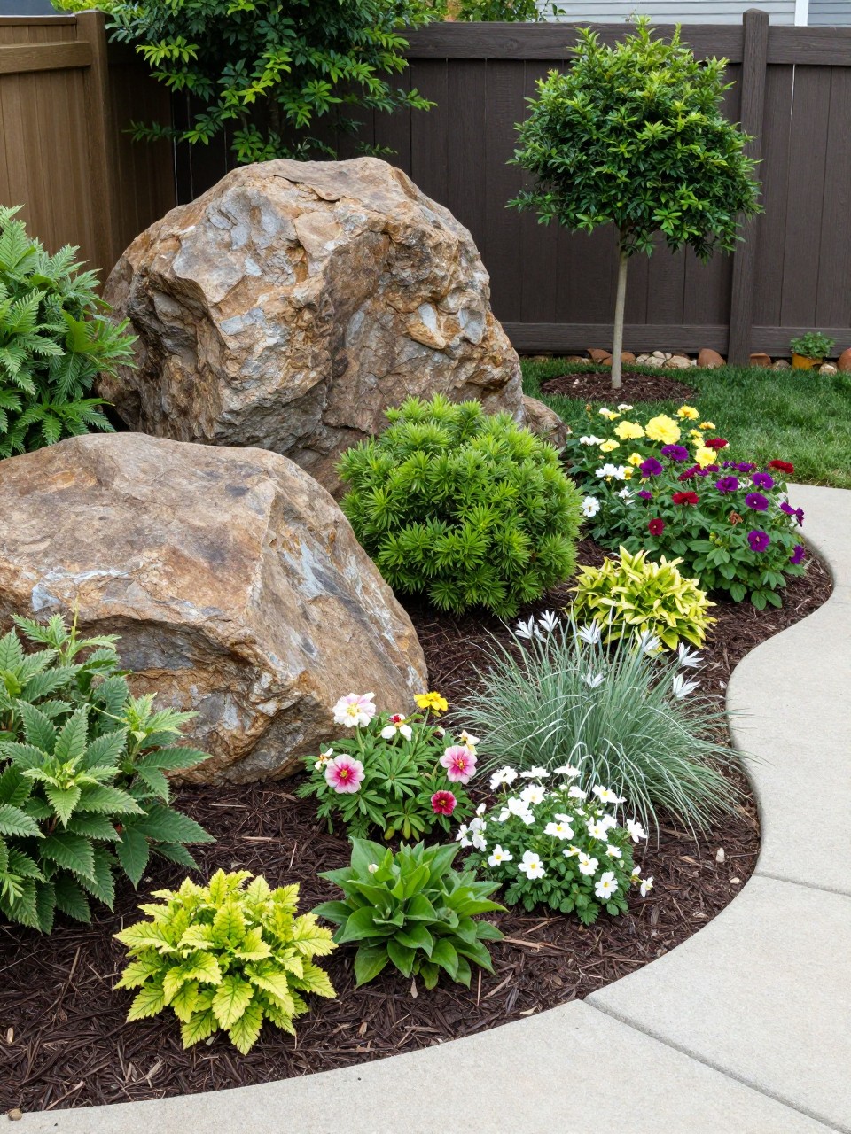 Image Prompt: A clever backyard corner garden with a group of large boulders, low shrubs, flowering perennials, mulch, small ornamental tree, curved edging, stylish and practical corner landscaping, realistic DSLR photo quality, no people, no watermarks on images.