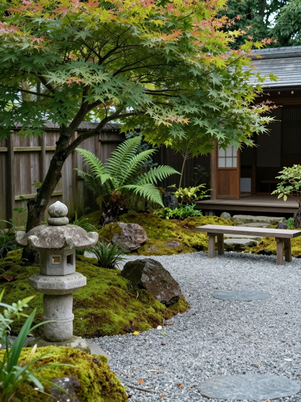 Image Prompt: A peaceful Japanese-inspired shady garden with moss, ferns, acer tree, stone lantern, gravel path, natural rocks, simple wooden bench, calm and balanced landscape design, soft dappled light, realistic DSLR photo quality, no people, no watermarks on images.
