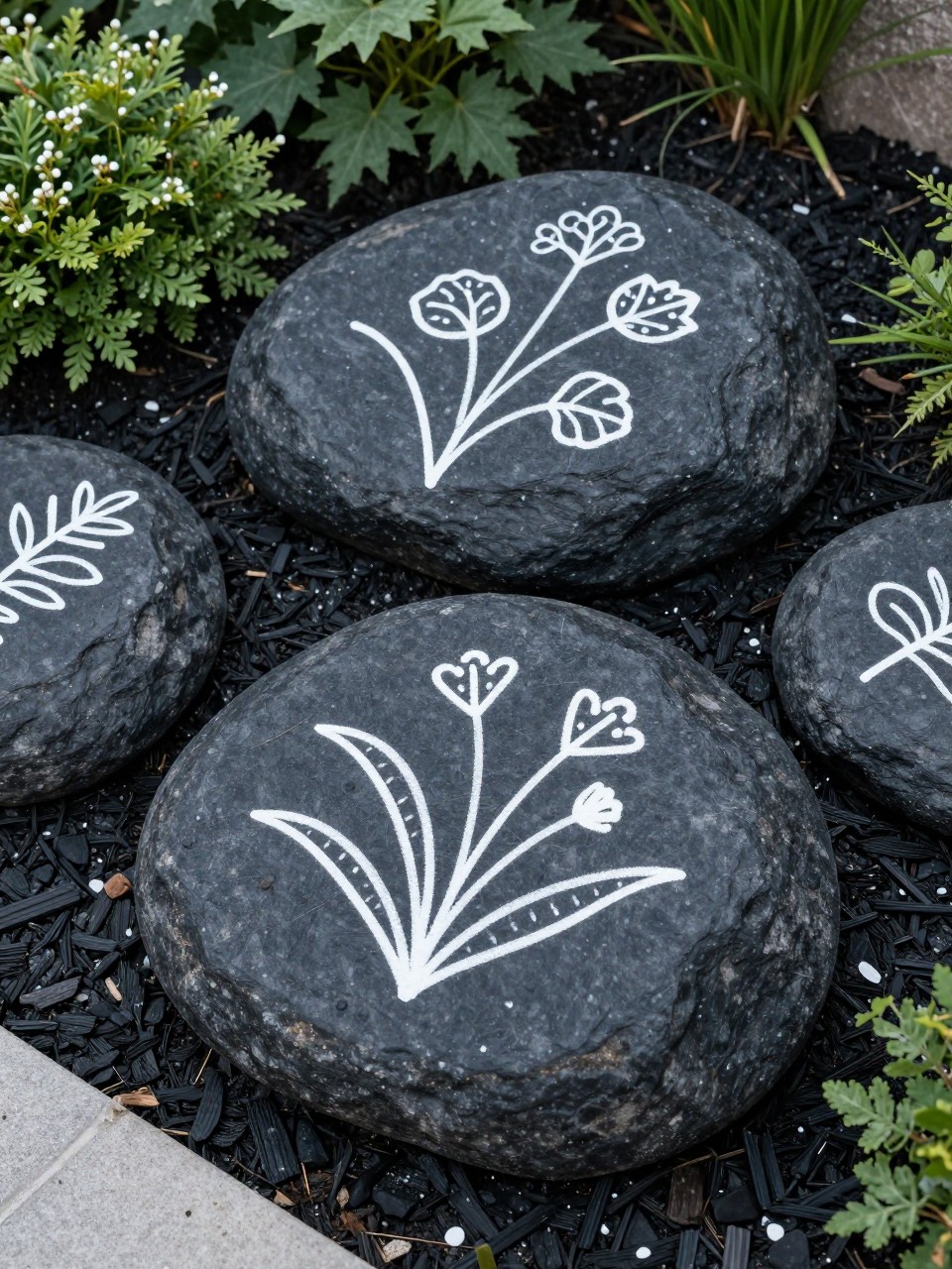 Image Prompt: A modern garden bed with dark smooth rocks painted with simple white botanical line art, leaf and flower drawings, black mulch, green foliage, minimal and stylish outdoor rock art, realistic DSLR photo quality, no people, no watermarks on images.