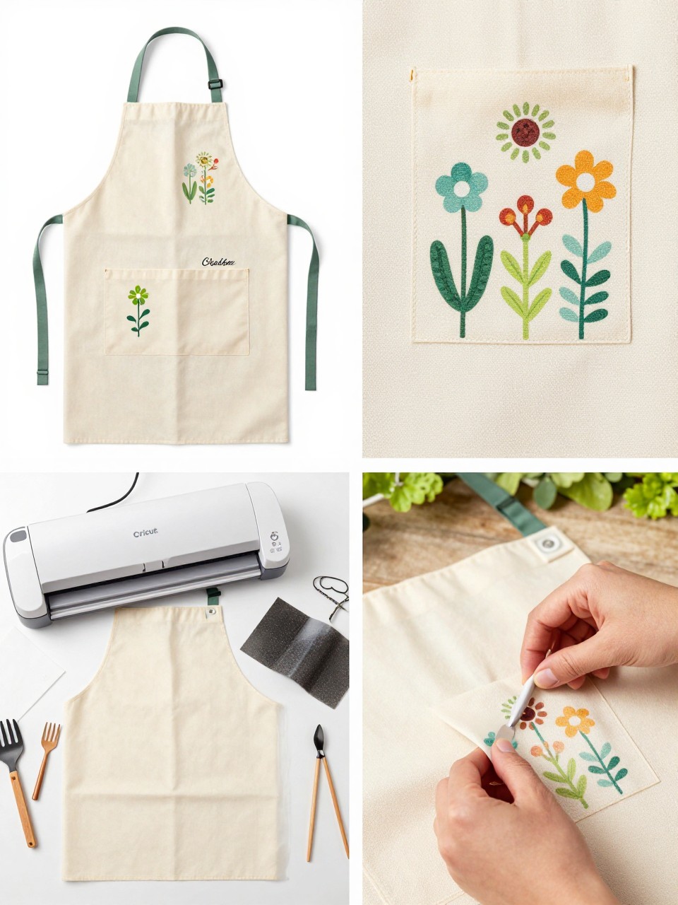 A realistic editorial 2x2 collage grid showing a Cricut personalized garden apron, top-left finished canvas apron with heat-transfer vinyl plant icons, flowers, and a small name near the pocket, top-right close-up of HTV details on apron fabric, bottom-left flat lay of blank apron, heat-transfer vinyl, Cricut machine, weeding tool, heat press, Teflon sheet, and garden tools, bottom-right cropped hands pressing vinyl onto an apron pocket area, sunny garden craft setup, no faces, no text except simple name, no watermark on images.