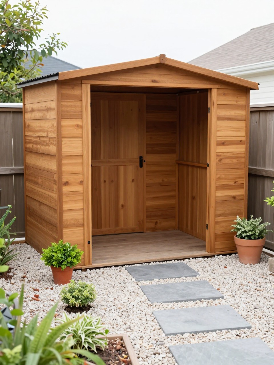 Image Prompt: A compact backyard corner storage shed with warm wood siding, pale gravel around the base, small shrubs, potted plants, stepping stone path, neat and space-saving garden layout, realistic DSLR photo quality, no people, no watermarks on images.