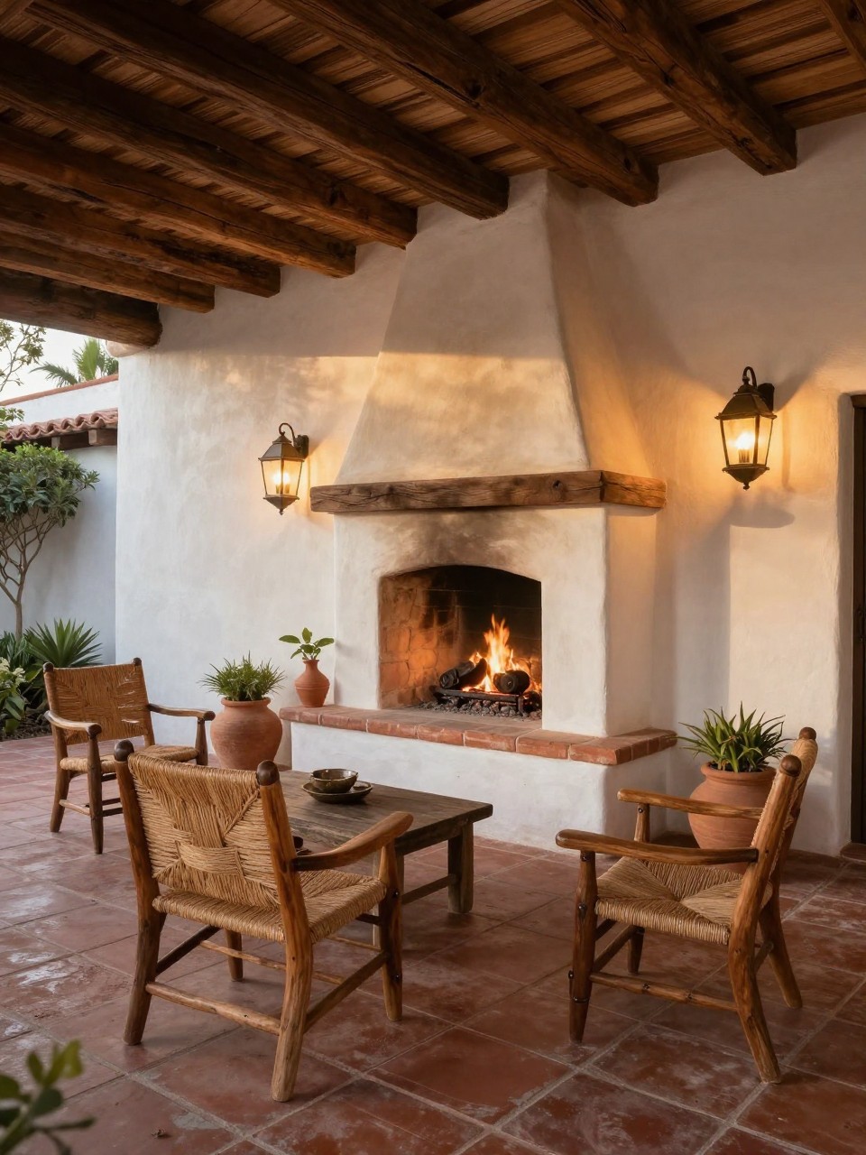 Image Prompt: A stunning hacienda-style Mexican patio with a built-in stucco outdoor fireplace, terracotta paver floor, rustic wooden chairs with woven seats, clay planters, lantern wall sconces, exposed wood beams overhead, warm evening glow, no people, realistic DSLR photo, no text, (no watermarks on images)