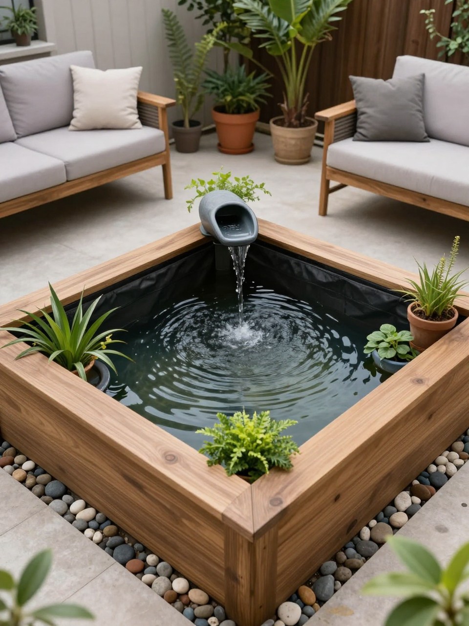 Image Prompt: A compact DIY patio pond built inside a raised wooden frame, dark pond liner, small water plants, smooth pebbles, cozy outdoor seating nearby, potted plants around the patio, stylish small backyard water feature, realistic DSLR photo quality, no people, no watermarks on images.