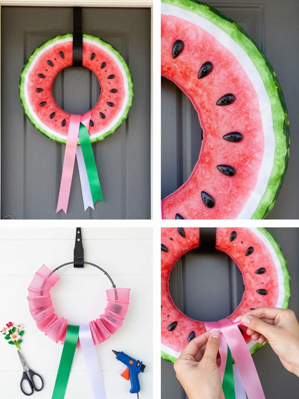 A realistic editorial 2x2 collage grid showing a watermelon ribbon summer wreath, top-left finished wreath on a front door with pink, green, white, and black ribbon details shaped like a watermelon theme, top-right close-up of black seed accents and ribbon texture, bottom-left flat lay of wire wreath form, pink mesh ribbon, green ribbon, white ribbon, black felt seed shapes, floral wire, scissors, and hot glue gun, bottom-right cropped hands tying pink mesh ribbon onto the wreath form, cheerful summer porch craft styling, no faces, no text, no watermark on images.