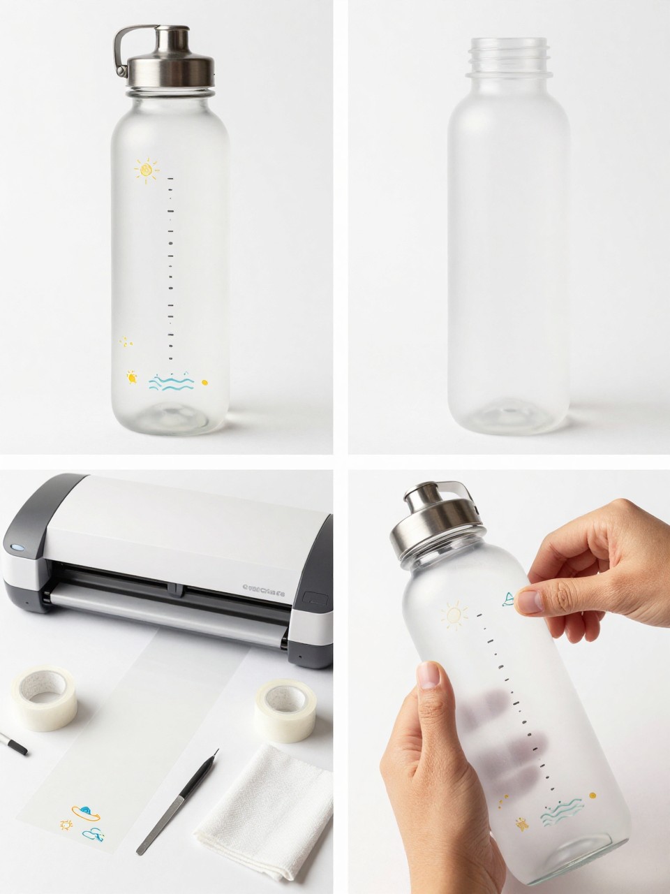 A realistic editorial 2x2 collage grid showing Cricut water bottle tracking decals, top-left finished reusable water bottle with simple vinyl time marker lines, tiny sun and wave icons, and decorative summer details, top-right close-up of clean vinyl marker lines on bottle surface, bottom-left flat lay of water bottle, permanent vinyl, transfer tape, Cricut machine, scraper, weeding tool, and rubbing alcohol cloth, bottom-right cropped hands applying small vinyl marker decals to a water bottle, practical summer hydration craft setup, no faces, no text except simple time markers, no watermark on images.