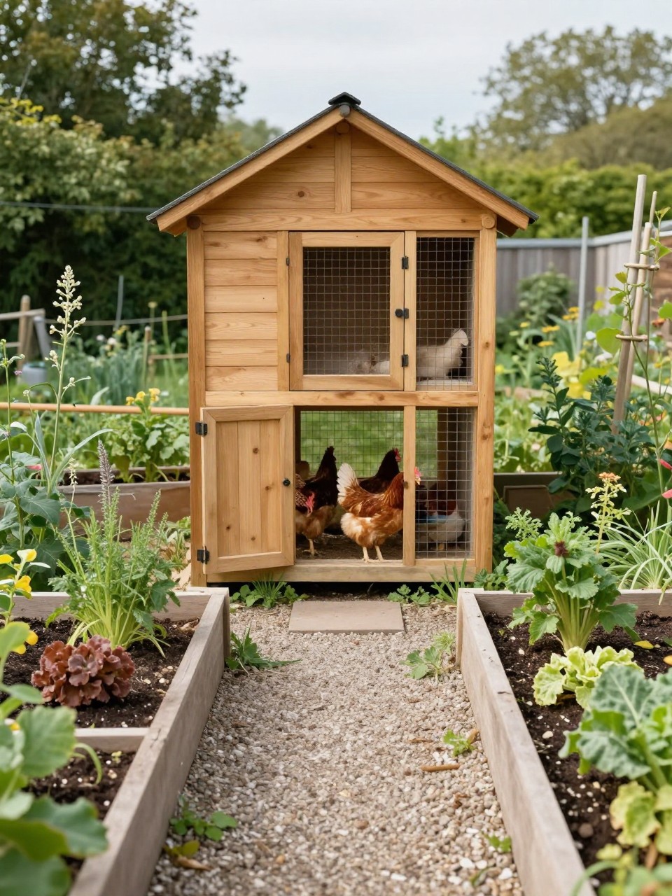Image Prompt: A beautiful walk in chicken coop framed by raised garden beds, tall wooden coop and wire run, pitched roof, full-height door, chickens inside, herbs and vegetables growing in raised beds around the coop border, gravel path leading to the entrance, tidy backyard garden, fresh homestead look, bright natural daylight, no people, no text, no watermark.