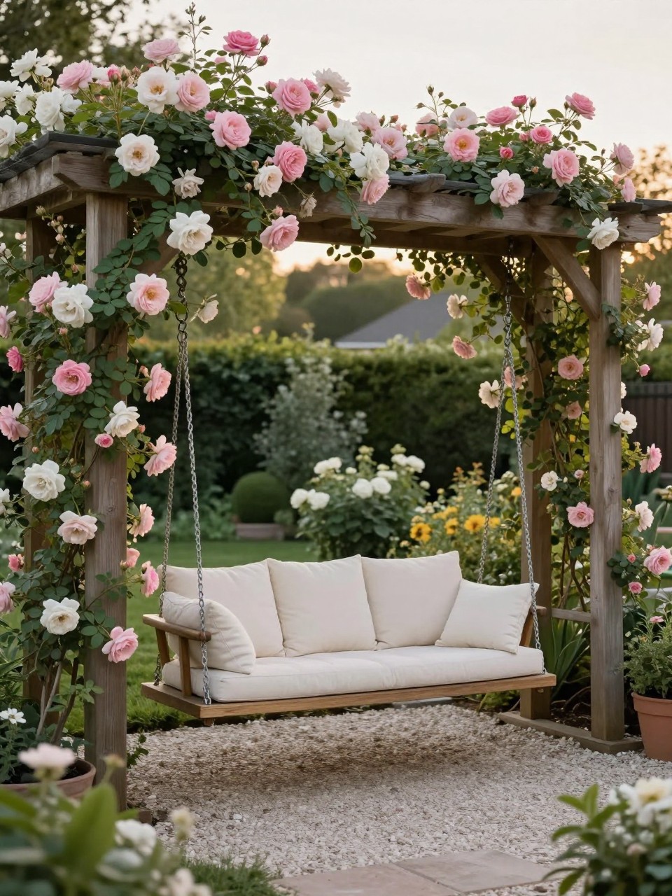 Image Prompt: A romantic backyard swing hanging from a wooden pergola covered in climbing roses, soft pink and white blooms, cream cushions, gravel patio below, lush cottage garden planting, warm evening light, cozy and elegant outdoor design, realistic DSLR photo quality, no people, no watermarks on images.