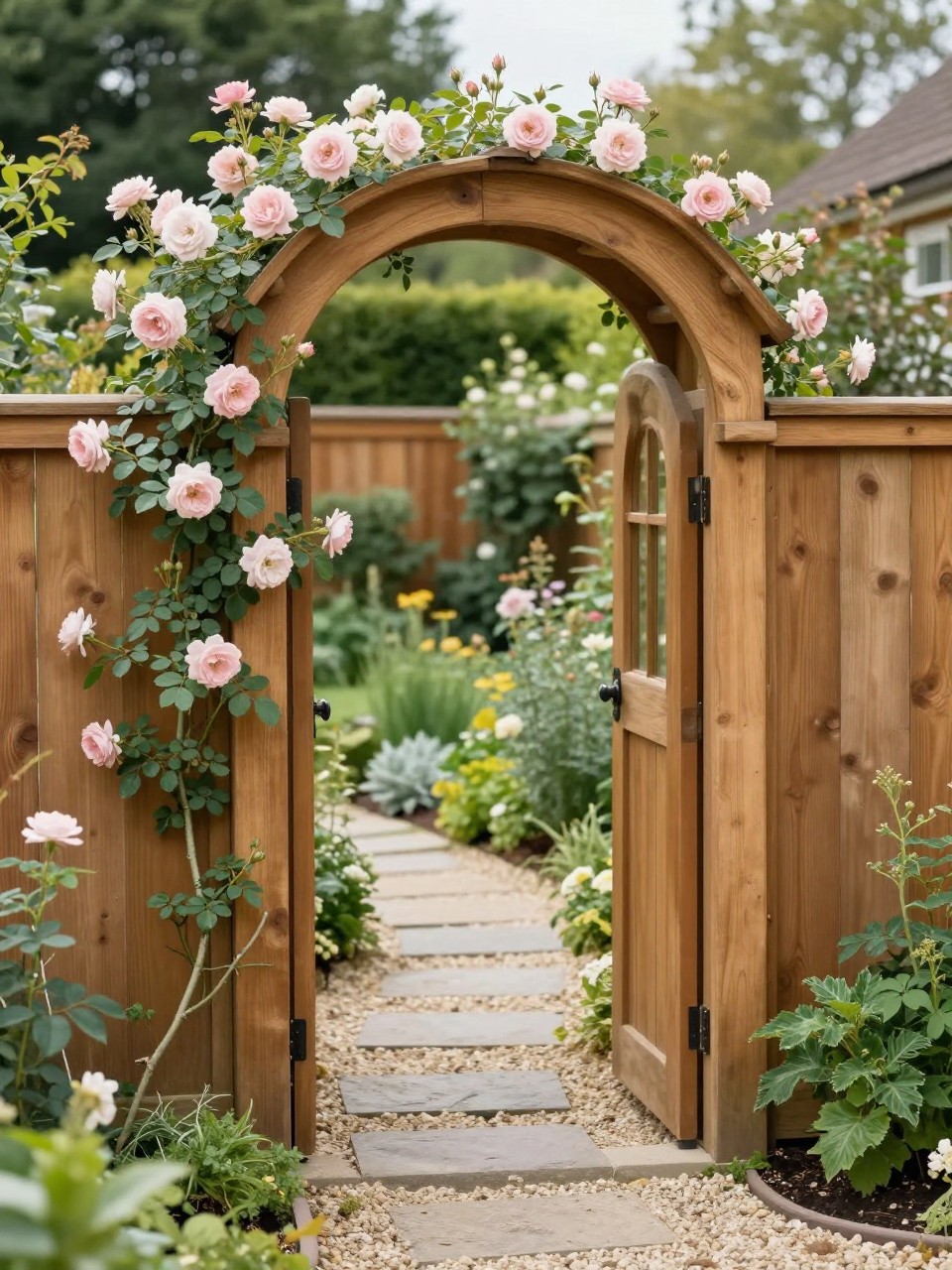 Image Prompt: A beautiful backyard arched wooden garden gate set into a warm timber fence, climbing roses around the frame, gravel path leading through the gate, lush green planting, soft cottage garden style, elegant and welcoming backyard entrance, realistic DSLR photo quality, no people, no watermarks on images.