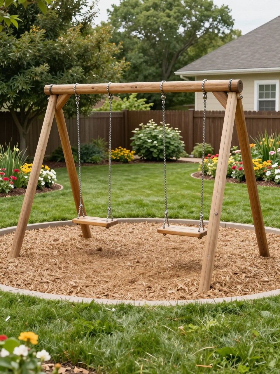 Image Prompt: A beautiful backyard kids playground with a wooden swing set, two simple swings, soft natural mulch base, green lawn around it, flower borders nearby, neat family garden layout, warm daylight, clean and safe outdoor play area, realistic DSLR photo quality, no people, no watermarks on images.