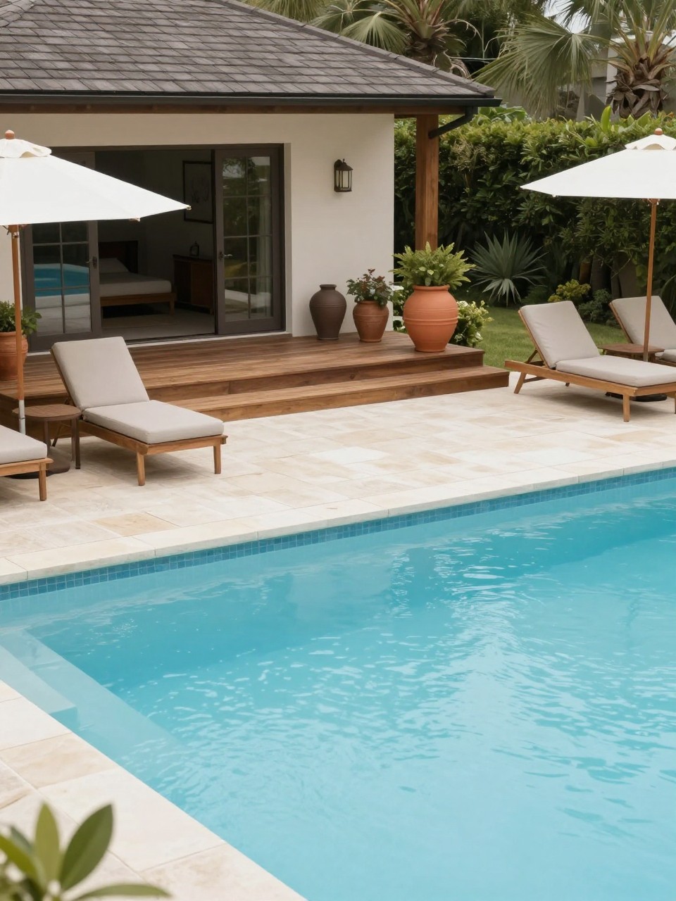 Image Prompt: A beautiful poolside backyard with a wooden deck lounge area beside the house and a light stone patio around the pool, cushioned lounge chairs, large clay planters, umbrellas, soft blue pool water, resort-like outdoor design, no people, realistic DSLR photo, no text, no watermarks on images.