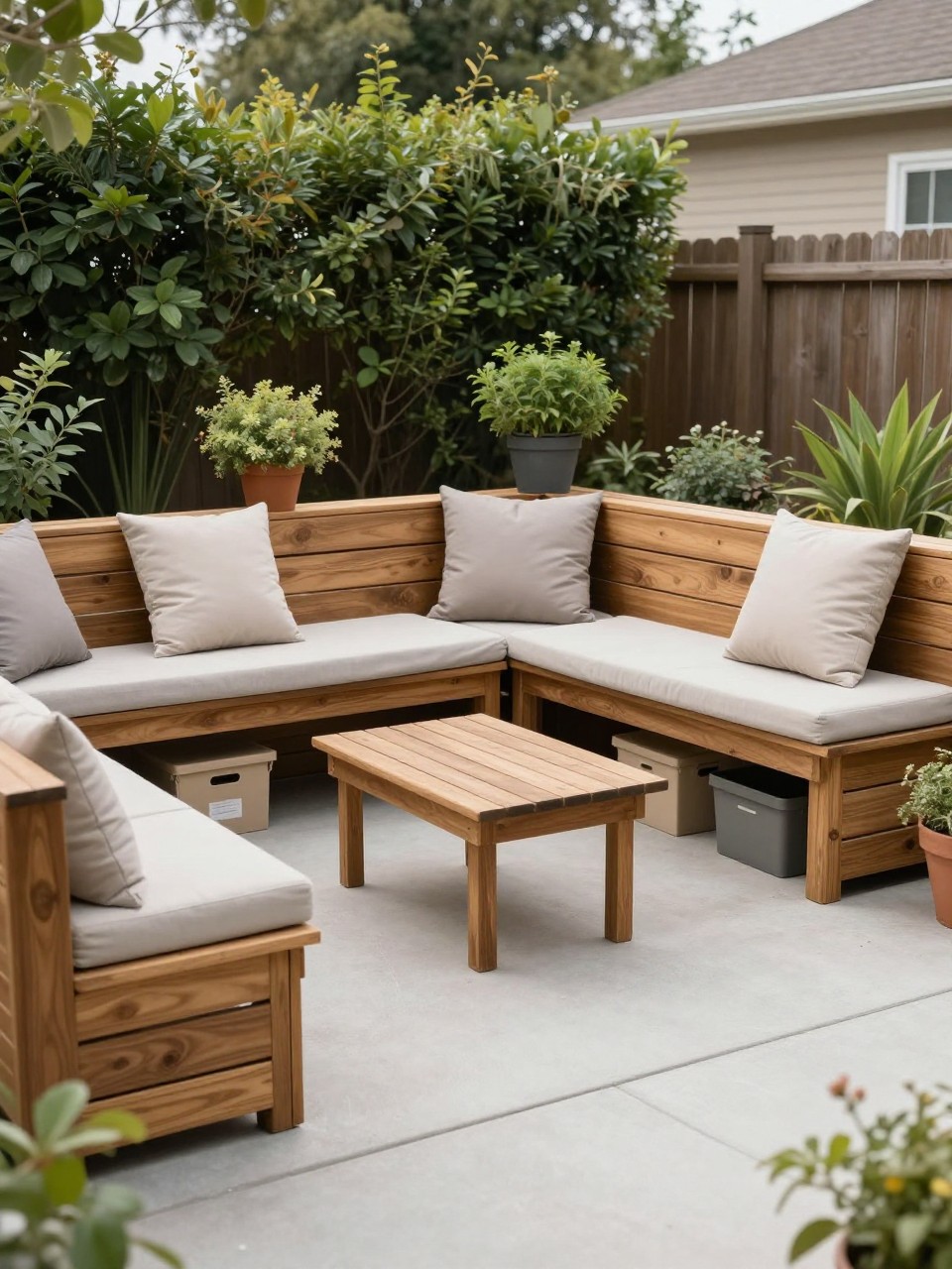 Image Prompt: A practical under deck patio with built-in wooden storage benches along one side, neutral cushions on top, small coffee table, clean concrete floor, storage boxes tucked neatly under bench seats, potted greenery, tidy family backyard design, no people, realistic DSLR photo, no text, no watermarks on images.