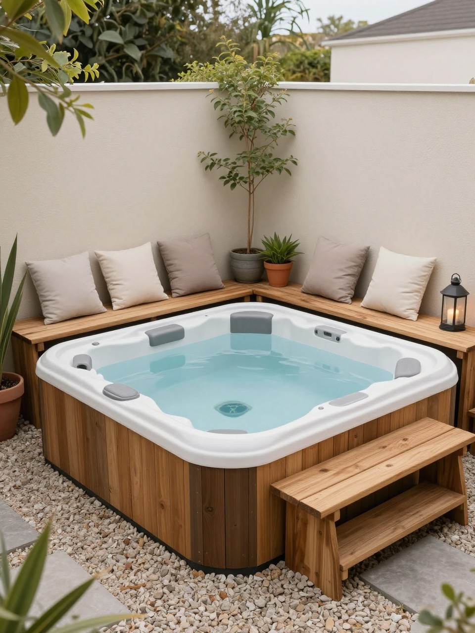 Image Prompt: A cozy budget hot tub patio with a small hot tub, simple DIY wooden bench seating along one side, neutral cushions, gravel floor, potted plants, lanterns, welcoming backyard spa corner, no people, realistic DSLR image, no text, no watermarks on images.