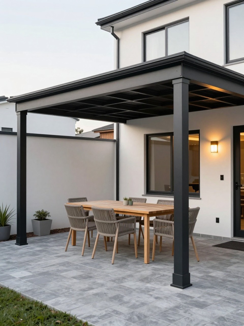 Image Prompt: A modern backyard patio with a black metal roof extension, clean dark frame, light wood outdoor dining table, woven chairs, gray paver flooring, simple planters, warm wall lights, stylish contrast against a pale house exterior, no people, realistic DSLR photo, no text, no watermarks on images.