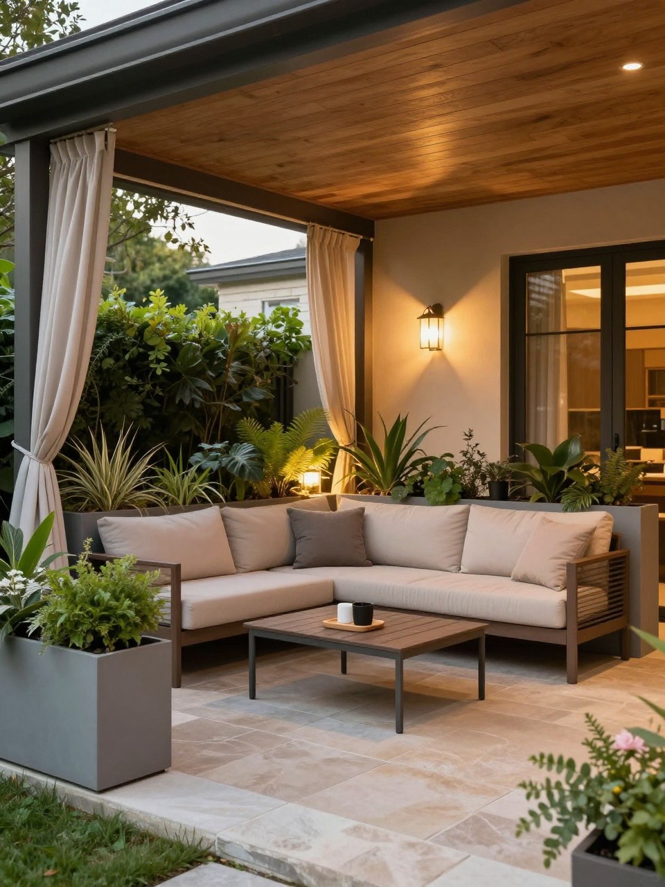 Image Prompt: A cozy no grass backyard with a covered lounge patio, outdoor sofa, planter walls filled with greenery, warm wood ceiling, stone flooring, soft curtains, elegant private outdoor room design, realistic DSLR photo quality, no people, no watermarks on images.