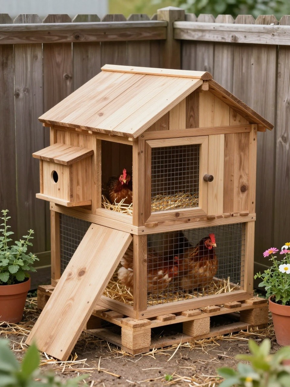 Image Prompt: A very small pallet chicken coop for two hens, compact reclaimed wood house, tiny ramp, small side nesting box, secure wire run, fresh straw bedding, two chickens inside, potted herbs and flowers around the coop, small backyard corner with wooden fence, cozy beginner homestead style, realistic natural light, no people, no text, no watermark.