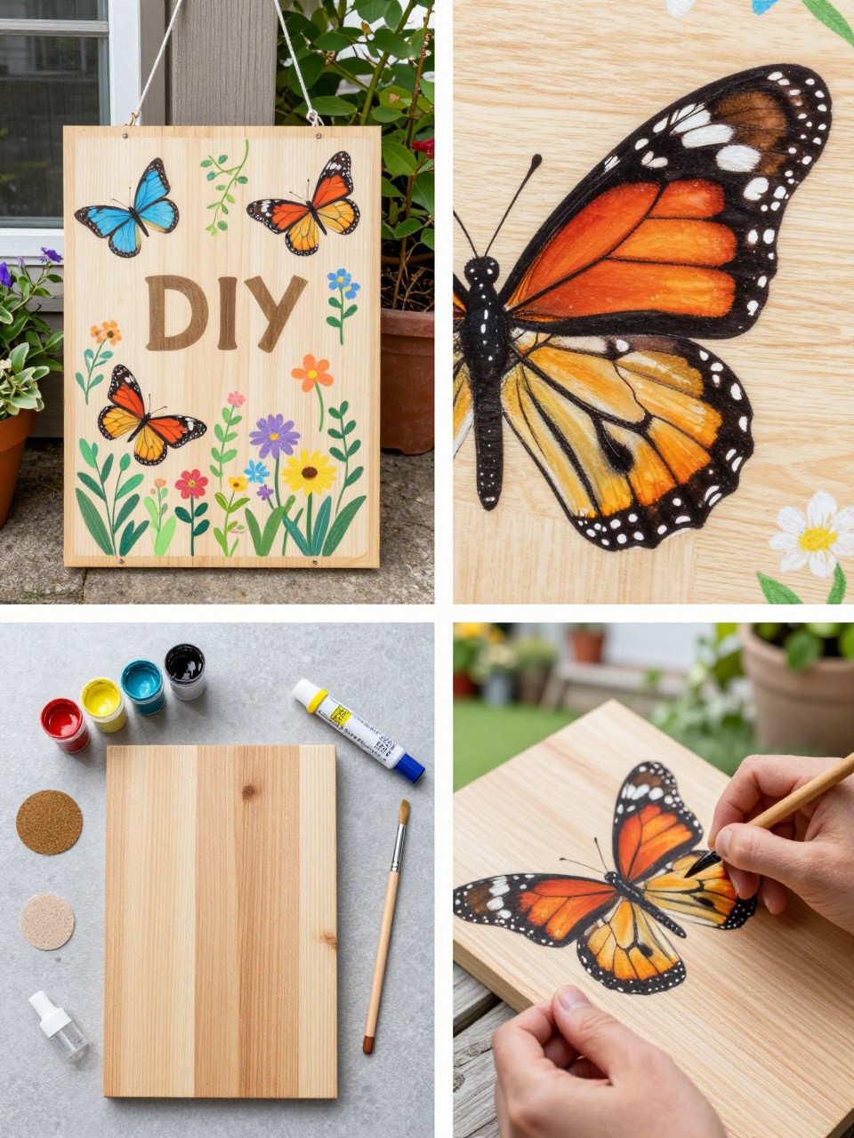A realistic editorial 2x2 collage grid showing a DIY butterfly garden wooden sign, top-left finished wood sign with painted butterflies, small flowers, green vines, and soft summer colors displayed near porch plants, top-right close-up of butterfly wings, flower petals, and wood grain, bottom-left flat lay of wood board, outdoor paints, fine brushes, butterfly stencil, pencil, sandpaper, and clear sealer, bottom-right cropped hands painting butterfly wing details, bright garden porch craft setting, no faces, no text, no watermark on images.