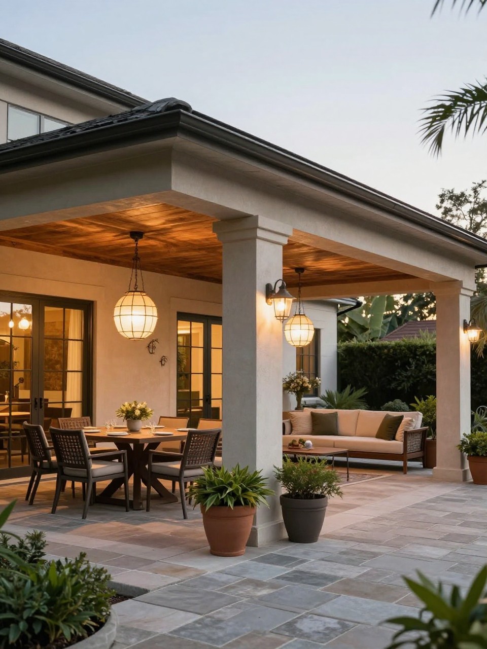 Image Prompt: A large covered patio roof attached to the house, divided into two outdoor zones with a dining table on one side and cushioned lounge seating on the other, warm wood ceiling, stone paver floor, pendant lights, potted greenery, elegant backyard living design, no people, realistic DSLR editorial photo, no text, no watermarks on images.