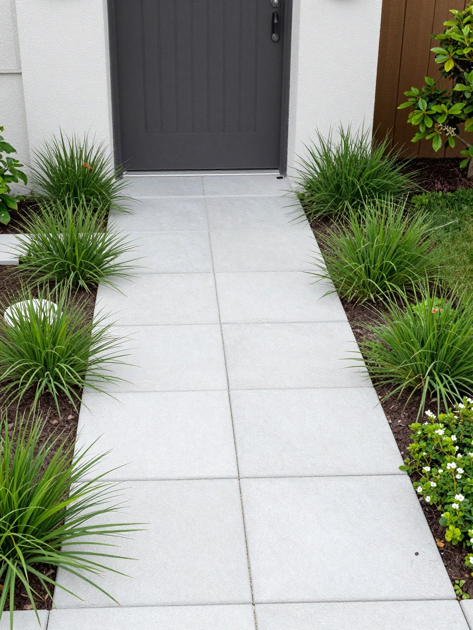 Image Prompt: A tiny front garden with clean square pavers and small green planting insets, low grasses, creeping thyme, modern home entrance, simple premium landscape design, neat and stylish curb appeal, realistic DSLR photo quality, no people, no watermarks on images.