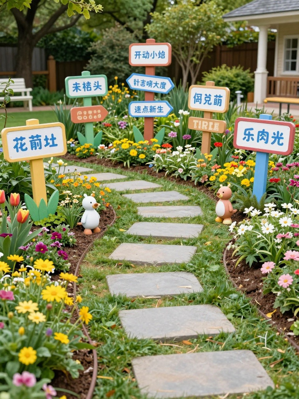 Image Prompt: A whimsical school storybook garden with themed signs, charming flower beds, stepping stones, small decorative props inspired by children’s stories, playful and imaginative school garden setting, realistic DSLR photo quality, no watermarks on images.