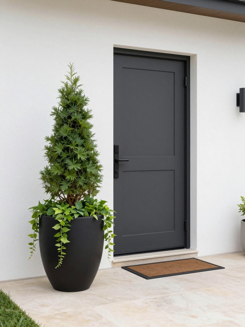 Image Prompt: A stylish back patio door with one large statement planter beside it, tall leafy plant with trailing greenery spilling over the edges, black ceramic pot, light stone floor, clean exterior wall, small outdoor mat, polished welcoming patio entrance, no people, realistic DSLR image, no text, no watermarks on images.