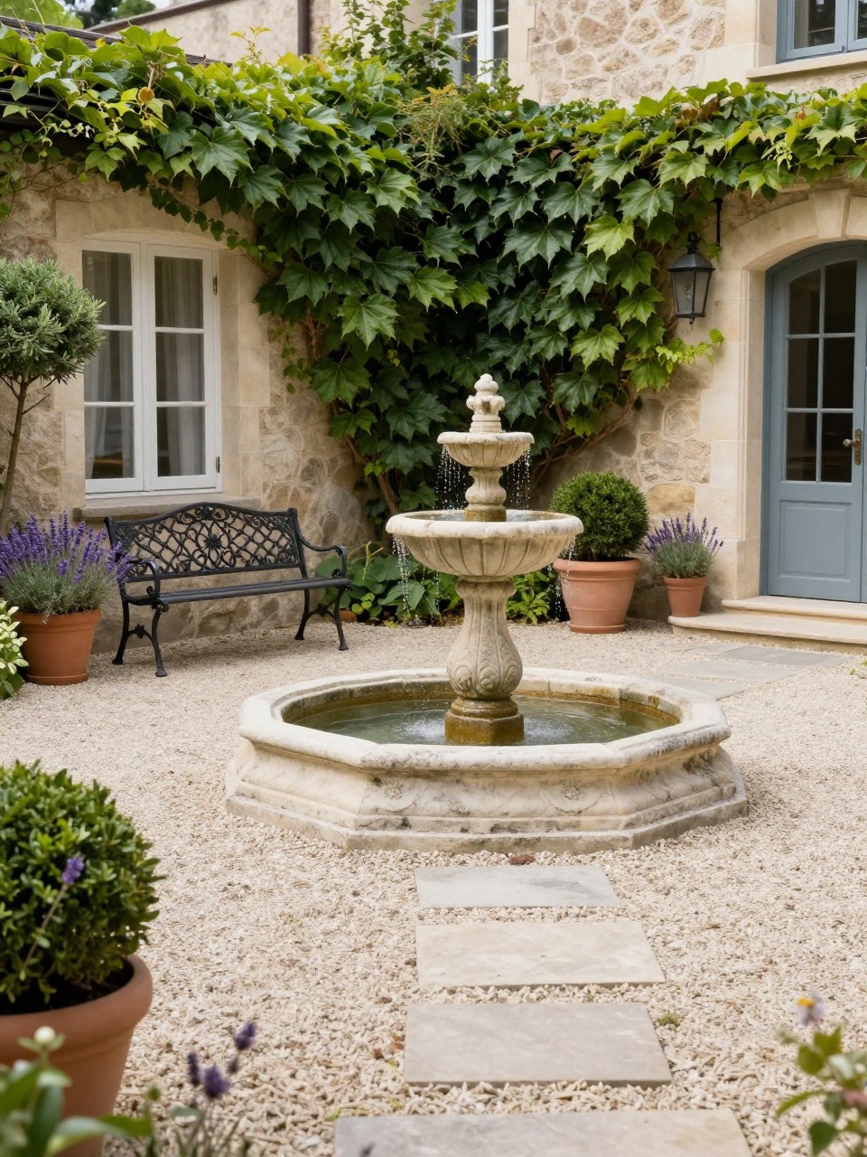 Image Prompt: A peaceful European courtyard patio with a small classic stone fountain, pale gravel floor with stepping stones, wrought iron bench, potted boxwood and lavender, ivy-covered wall, soft afternoon light, elegant garden retreat, no people, realistic DSLR photo, no text, no watermarks on images.