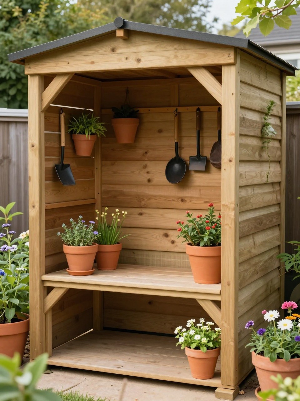 Image Prompt: A beautiful wooden backyard shed with a small attached potting bench, clay pots, garden tools neatly hung, herbs and flowers nearby, warm natural wood tones, cozy gardener’s corner, realistic DSLR photo quality, no people, no watermarks on images.