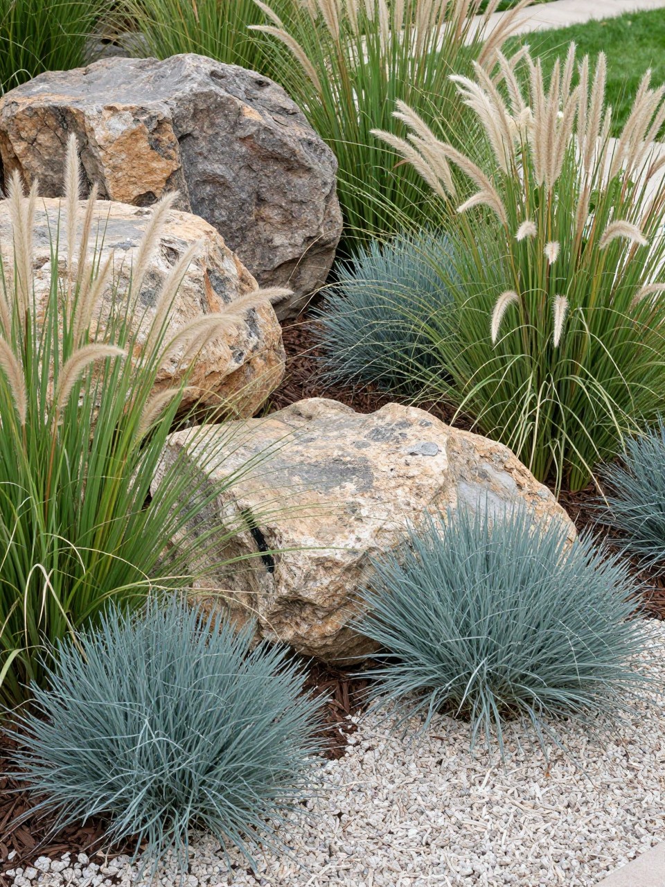 Image Prompt: A beautiful landscape bed with large boulders nestled among ornamental grasses, feather reed grass, blue fescue, soft gravel, natural mulch, modern prairie-inspired garden design, realistic DSLR photo quality, no people, no watermarks on images.