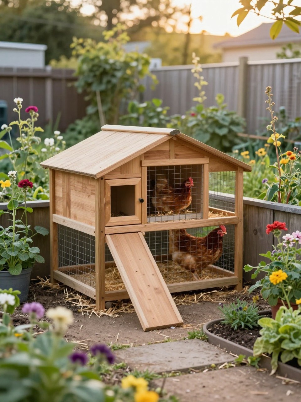 Image Prompt: A small corner chicken coop built into the back corner of a fenced garden, L-shaped wooden coop and wire run, small nesting box, ramp, straw bedding, chickens inside, climbing flowers and herbs planted around the outside, cozy backyard garden with a tidy path leading to the coop, soft golden hour light, no people, no text, no watermark.