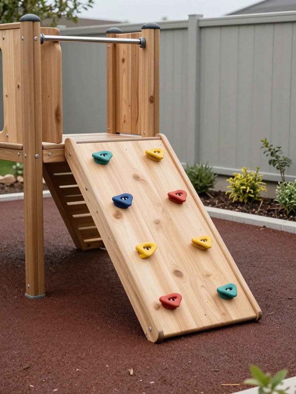 Image Prompt: A creative backyard playground corner with a low wooden climbing wall for kids, colorful climbing holds, soft rubber mulch below, simple fence backdrop, small plants along the edge, modern family-friendly outdoor play design, realistic DSLR photo quality, no people, no watermarks on images.