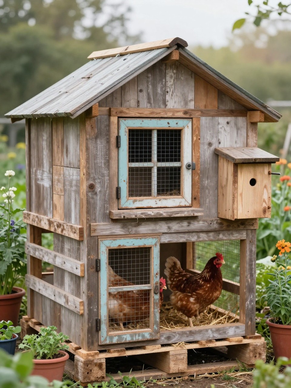 Image Prompt: A charming pallet wood chicken coop with a recycled vintage window, weathered wood siding, small hinged window covered with wire mesh inside, sloped roof, attached chicken run, side nesting box, chickens inside on straw bedding, cottage garden plants and potted herbs around the coop, soft morning light, rustic DIY look, no people, no text, no watermark.
