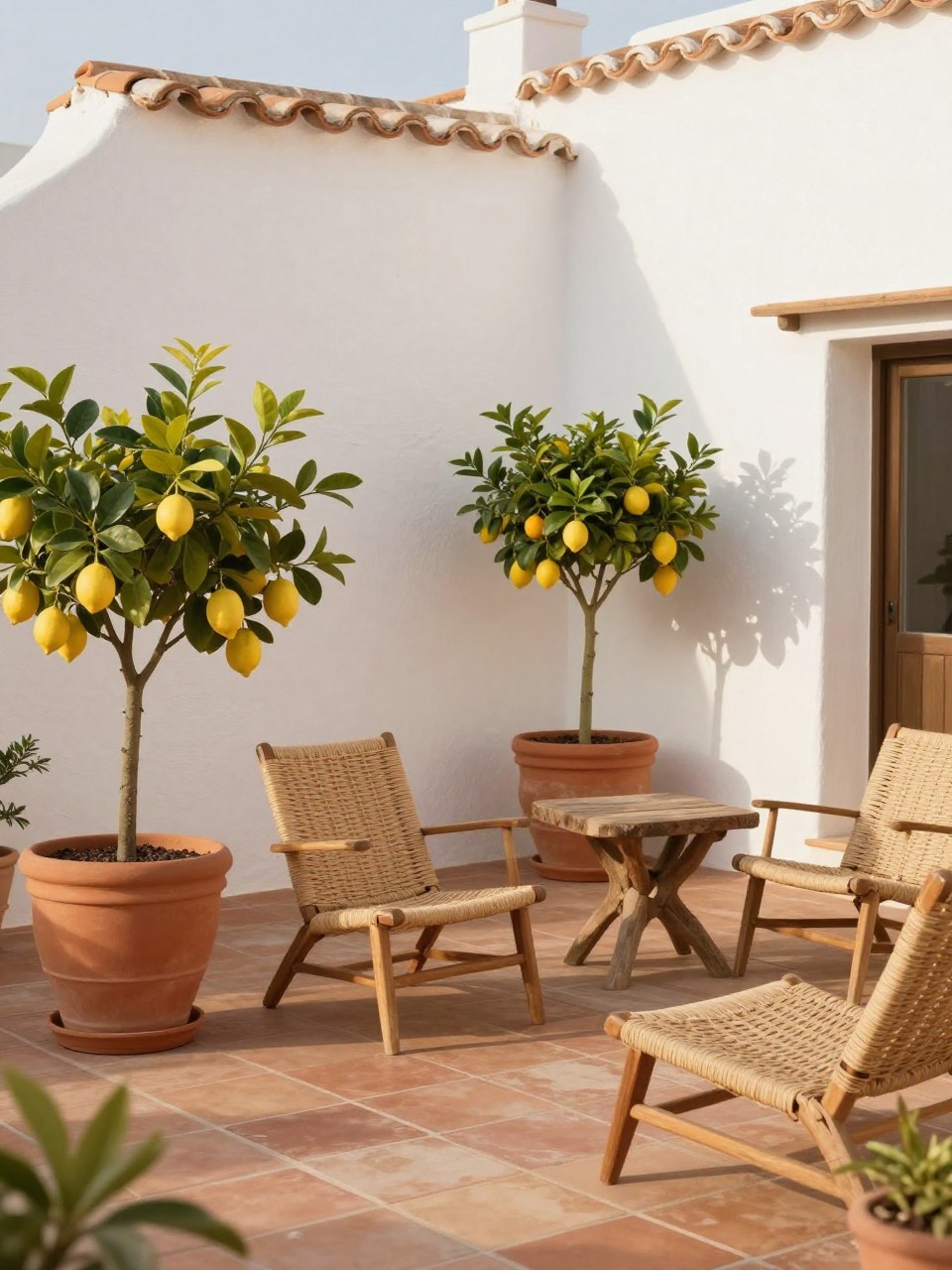 Image Prompt: A warm Mediterranean European patio with terracotta tile floor, large clay pots filled with lemon and orange trees, simple woven lounge chairs, white stucco wall, rustic wood side table, soft golden sunlight, relaxed holiday-home atmosphere, no people, realistic DSLR image, no text, no watermarks on images.