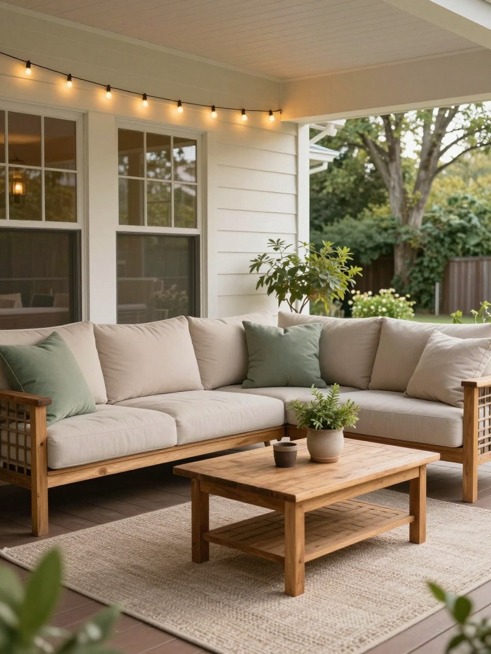 Image Prompt: A beautiful back porch patio with a cozy outdoor sofa, layered beige and sage green cushions, textured outdoor rug, wooden coffee table, potted plants, warm string lights, soft neutral home exterior, relaxed premium outdoor living style, realistic DSLR photo quality, no people, no watermarks on images.