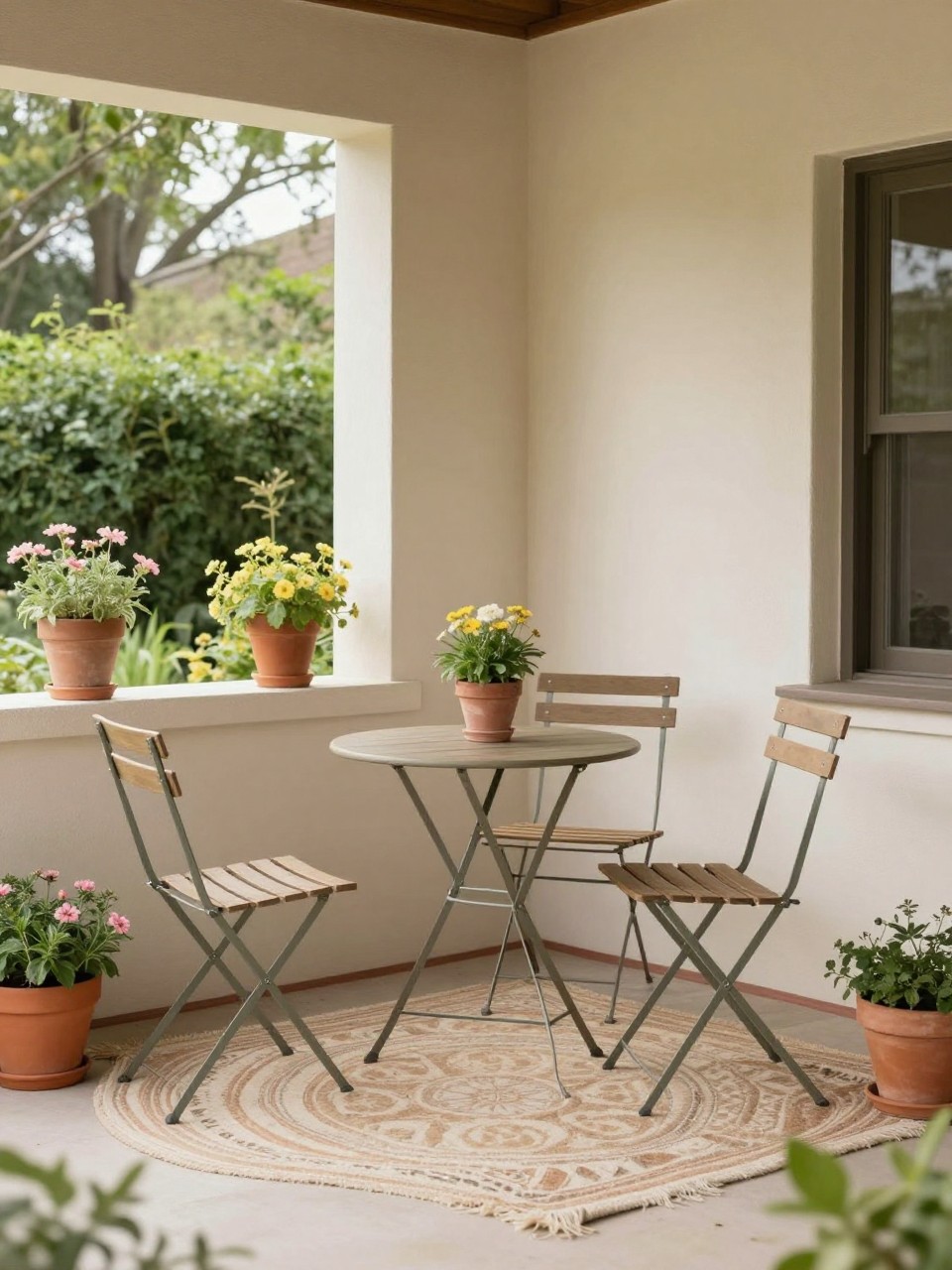 Image Prompt: A small back porch patio with a compact bistro table and two chairs, terracotta pots, flowering plants, soft outdoor rug, warm neutral walls, cozy garden view, charming small-space patio design, realistic DSLR photo quality, no people, no watermarks on images.