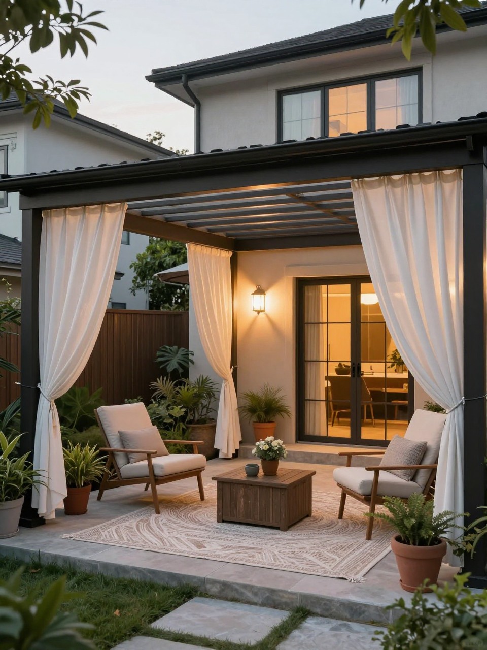 Image Prompt: A beautiful townhome backyard covered patio with flowing outdoor curtains, soft lounge chairs, textured rug, potted plants, warm lighting, private resort-inspired small backyard design, realistic DSLR photo quality, no people, no watermarks on images.