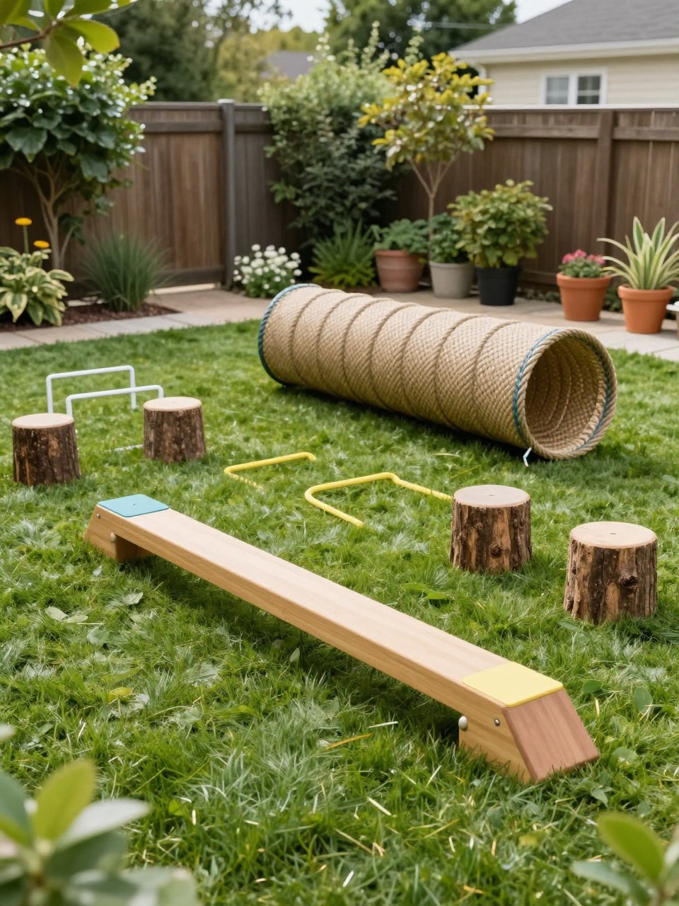 Image Prompt: A fun backyard kids obstacle course with low balance beams, stepping stumps, rope tunnel, small hurdles, soft grass, neat play layout, family-friendly garden setting, realistic DSLR photo quality, no people, no watermarks on images.