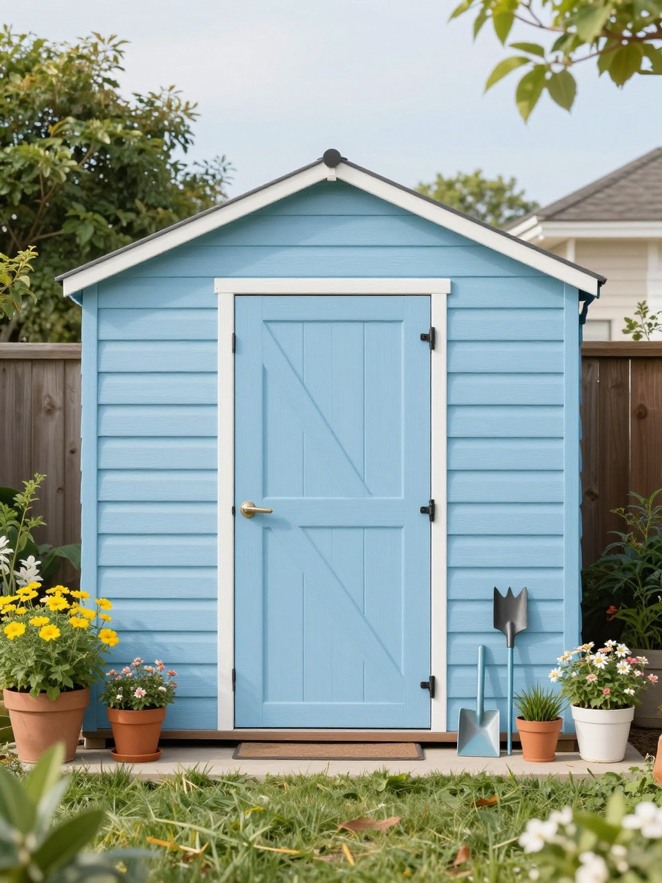 Image Prompt: A cheerful backyard storage shed painted in a soft blue color, white trim, yellow flowers nearby, potted plants, garden tools neatly displayed, bright and creative family garden setting, realistic DSLR photo quality, no people, no watermarks on images.