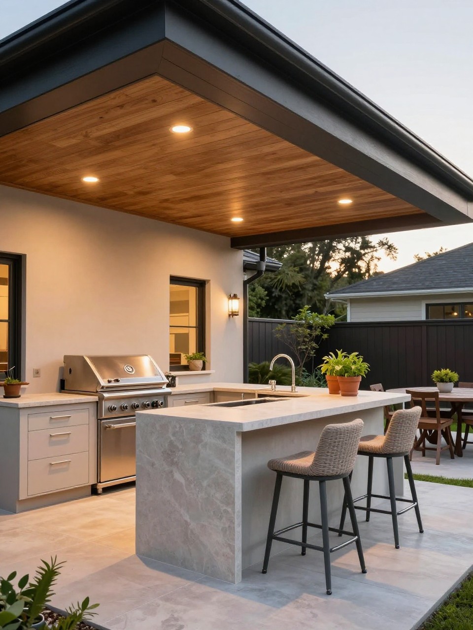 Image Prompt: A stylish patio roof attached to the house covering an outdoor kitchen, built-in grill, stone countertop, bar stools, warm wood ceiling, recessed lights, potted herbs, nearby dining table, polished backyard cooking and entertaining space, no people, realistic DSLR photo, no text, no watermarks on images.