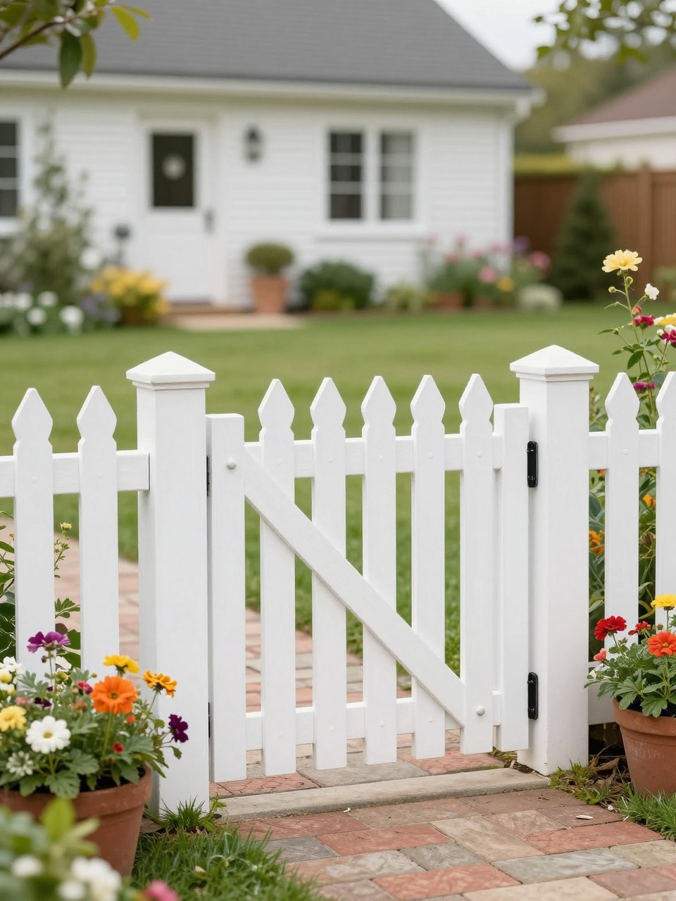 Image Prompt: A charming white picket backyard gate with a matching low fence, colorful flower borders, brick path, soft green lawn, cottage-style home garden, bright and welcoming outdoor entrance, realistic DSLR photo quality, no people, no watermarks on images.