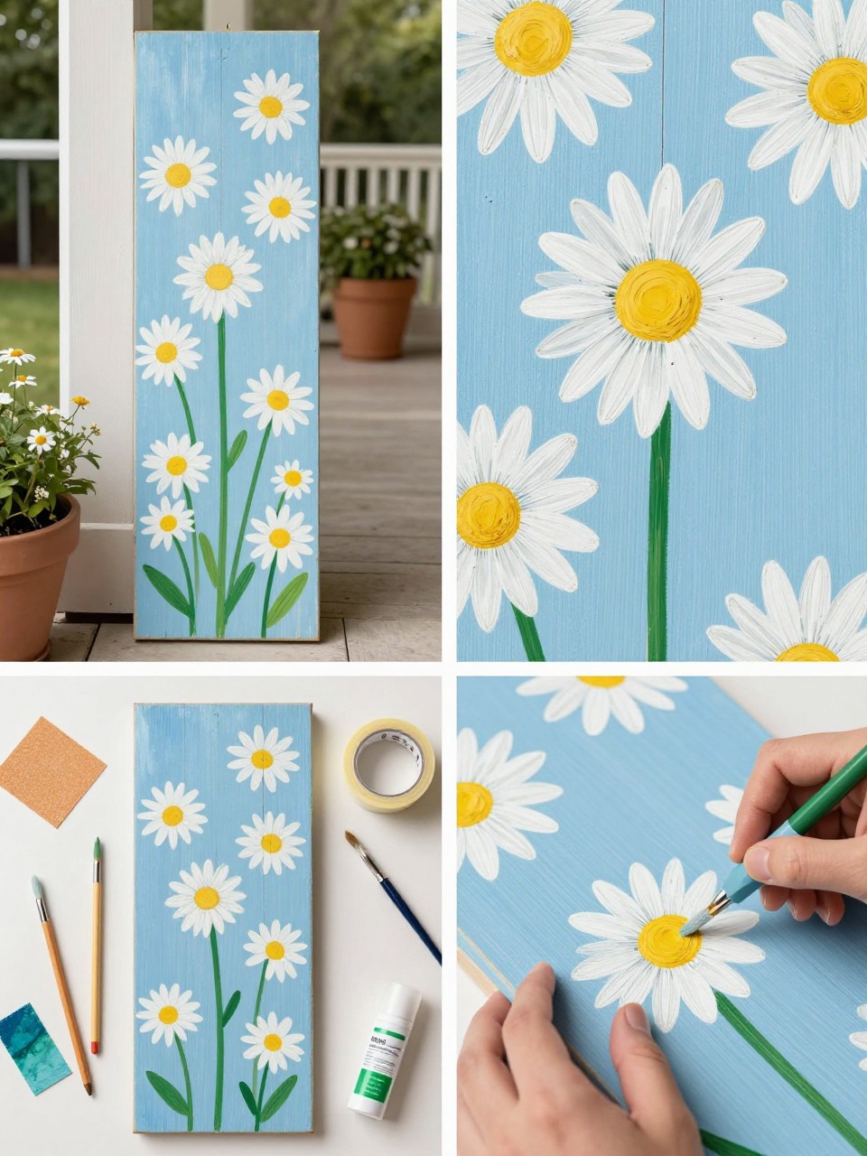A realistic editorial 2x2 collage grid showing a DIY daisy garden wooden sign, top-left finished tall wooden sign with painted white daisies, yellow centers, green stems, and a soft sky-blue background leaning near porch planters, top-right close-up of daisy petals, stems, and lightly sanded paint texture, bottom-left flat lay of tall wood board, blue, white, yellow, and green paint, brushes, pencil, sandpaper, painter’s tape, and sealer, bottom-right cropped hands painting white daisy petals on the board, cheerful summer porch craft setting, no faces, no text, no watermark on images.