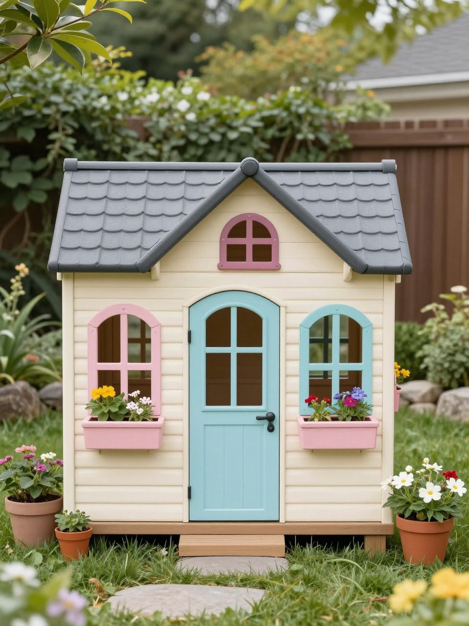 Image Prompt: A cute backyard kids playhouse with small flower boxes, pastel painted door, tiny porch, surrounding grass, potted flowers, charming family garden style, playful but tasteful outdoor design, realistic DSLR photo quality, no people, no watermarks on images.