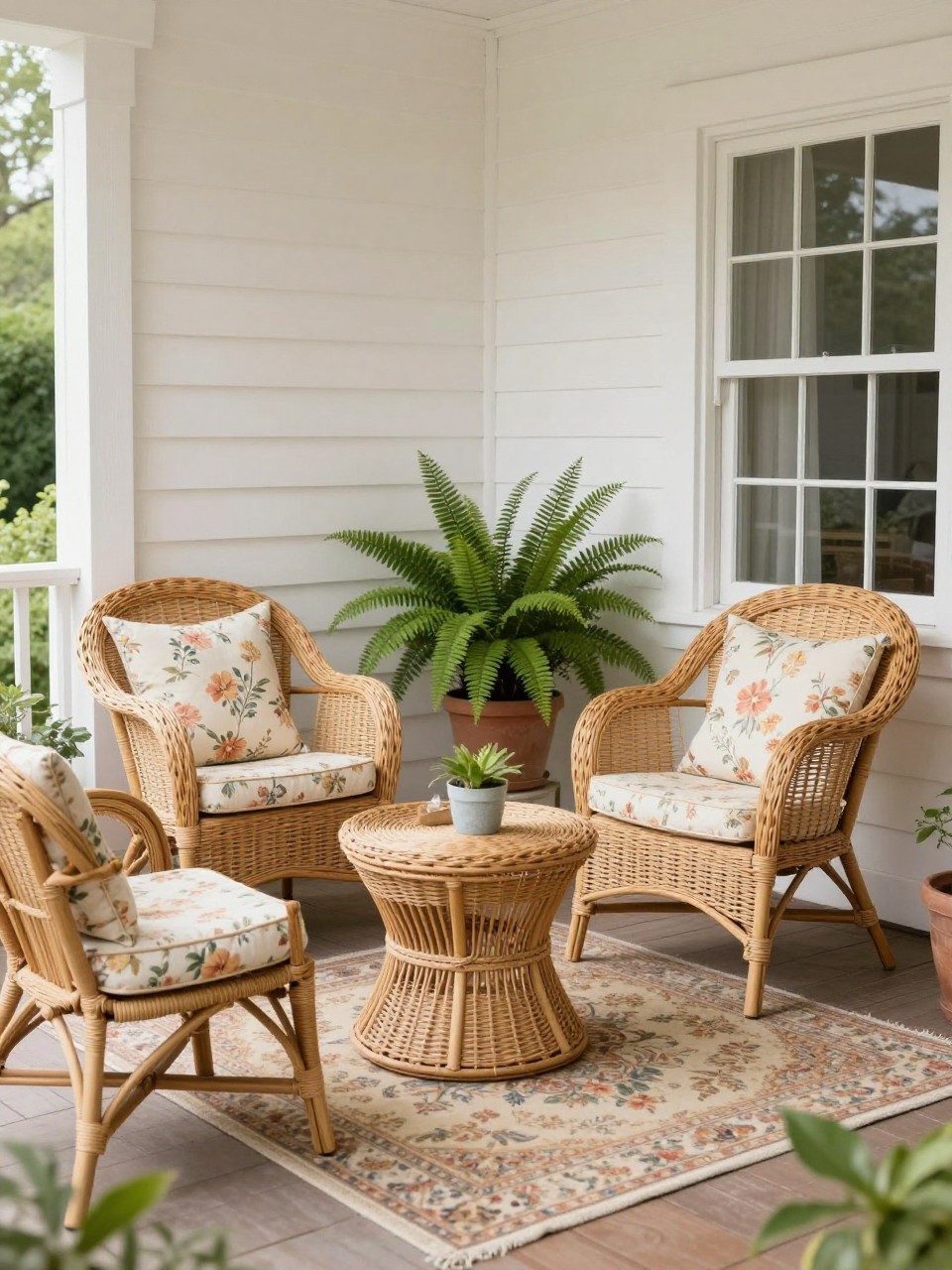 Image Prompt: A cozy vintage patio with natural wicker chairs, floral cushions, round wicker side table, patterned outdoor rug, potted ferns, white exterior wall, soft filtered daylight, relaxed old-fashioned sunroom patio feel, no people, realistic DSLR image, no text, no watermarks on images.