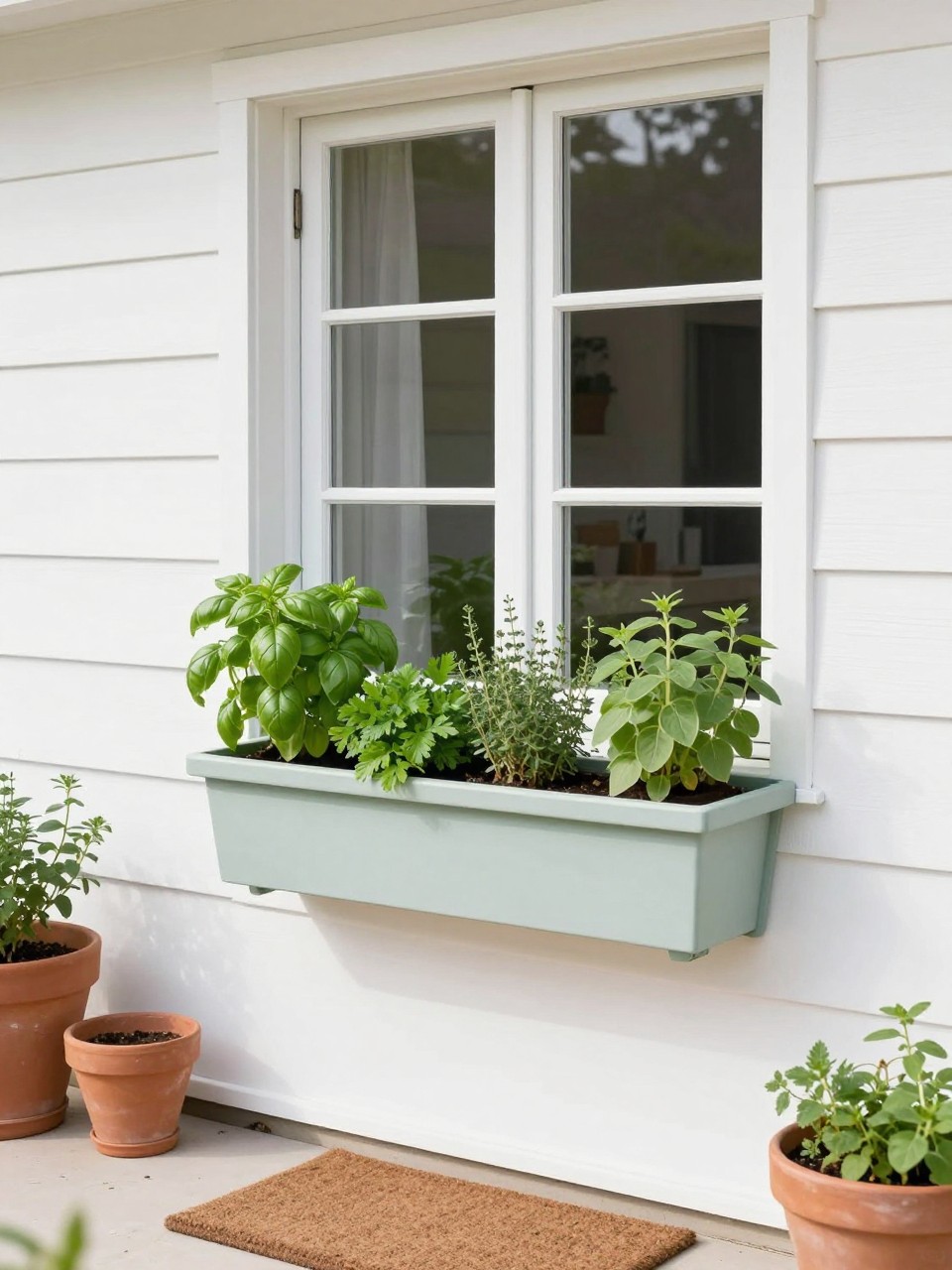 Image Prompt: A charming patio door area with window box planters filled with basil, chives, parsley, thyme, and oregano, white exterior wall, French doors, small outdoor mat, terracotta pots nearby, bright fresh home garden feel, realistic DSLR photo, no people, no text, no watermarks on images.