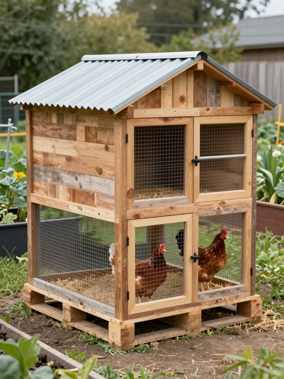 Image Prompt: A sturdy pallet chicken coop with a corrugated metal roof, reclaimed wood walls, rustic natural finish, small chicken ramp, secure wire mesh run, side access door, straw bedding inside, chickens standing in the run, backyard garden with compost bin and raised beds nearby, practical farmhouse DIY style, no people, no text, no watermark.