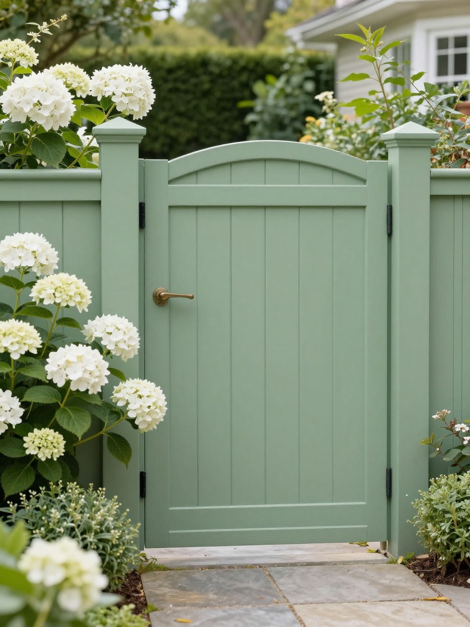 Image Prompt: A beautiful painted sage green backyard gate, matching garden fence, white flowers, hydrangeas, soft shrubs, stone path, calm and elegant home garden entrance, fresh premium outdoor styling, realistic DSLR photo quality, no people, no watermarks on images.