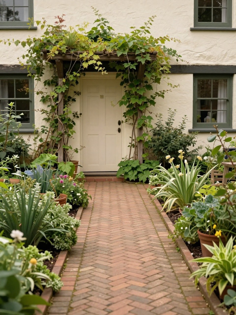 Image Prompt: A charming side yard pathway with herringbone brick paving, lush green borders, climbing plants on a trellis, cottage-style home wall, warm and timeless garden walkway, soft natural light, realistic DSLR photo quality, no people, no watermarks on images.