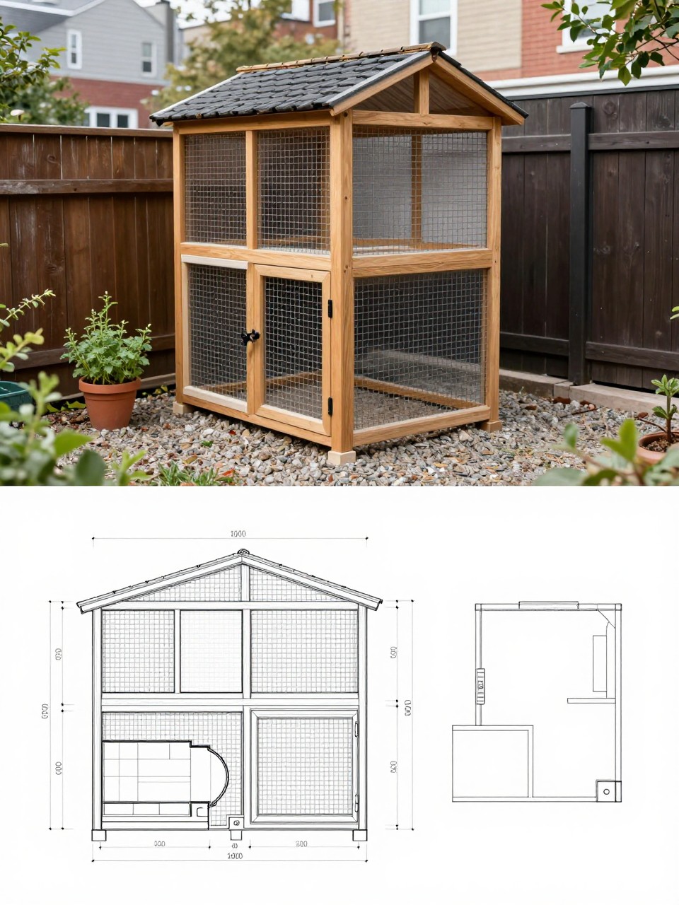 Image Prompt: A vertical 2-collage image. The top half shows a realistic compact urban chicken coop in a small city backyard, tall but narrow, made from wood and wire mesh, with a small enclosed sleeping space, clean gravel base, privacy fence, and potted herbs nearby. The bottom half shows a matching plan sheet with slim layout drawings, dimensions, and a space-saving footprint sketch in a clean blueprint style. The top image and bottom plan should clearly match. No people, no watermark.